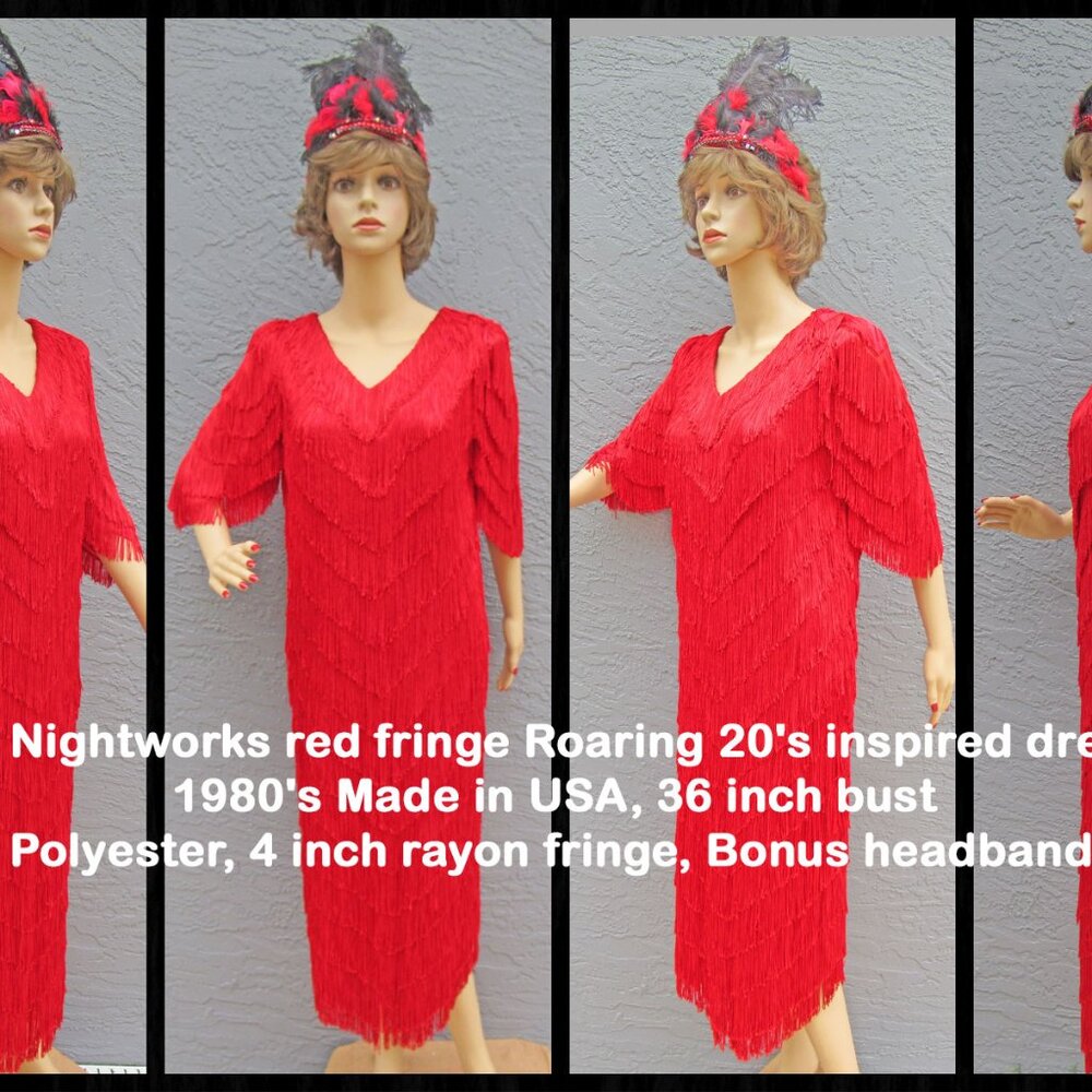 Nightworks red fringe Roaring 20's inspired dress, 1980's Made in USA, 36" bust